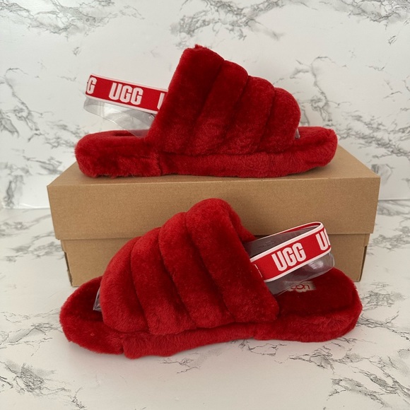 UGG Fluff Yeah Ruby Red Slide Slippers Shoes - Picture 2 of 9